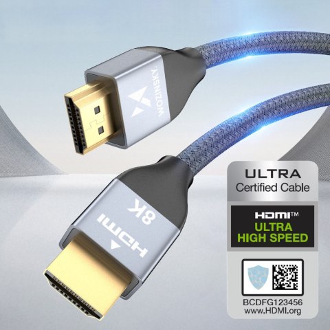 Kabel przewód HDMI 2.1 8K 60 Hz 48 Gbps 4K 120 Hz 2K 144 Hz 1 m srebrny