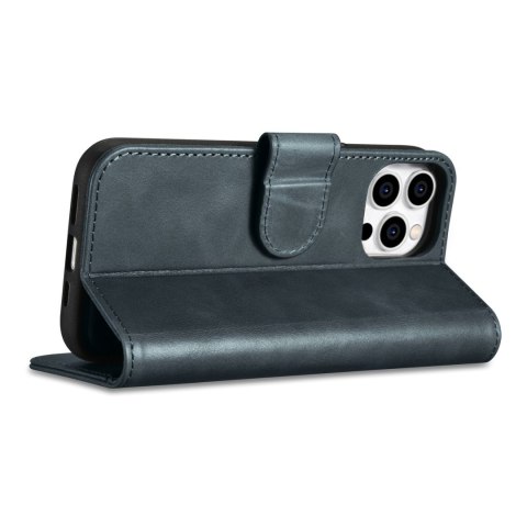 2w1 etui skórzany pokrowiec z klapką iPhone 14 Pro Anti-RFID Oil Wax Wallet Case niebieski