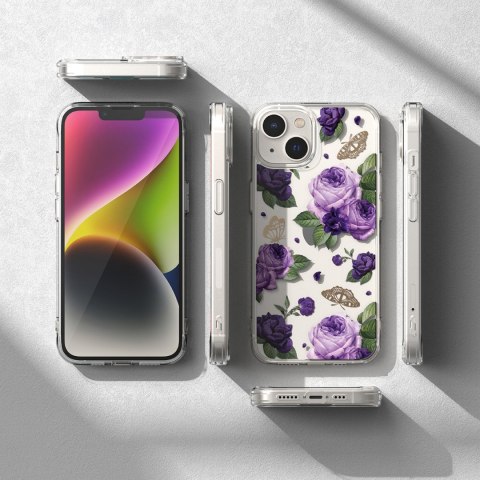 Pancerne etui pokrowiec z żelową ramką iPhone 14 Plus Fusion Design Purple Rose przezroczysty