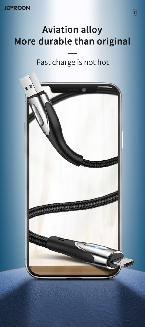 Kabel przewód USB-A - microUSB 3A wskaźnik ładowania 2m czarny