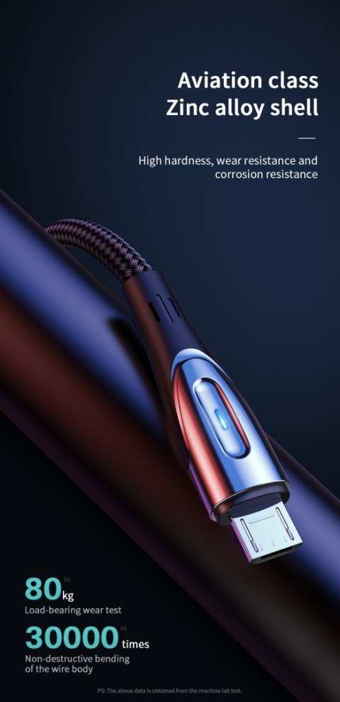 Kabel przewód USB-A - microUSB 3A wskaźnik ładowania 2m czarny