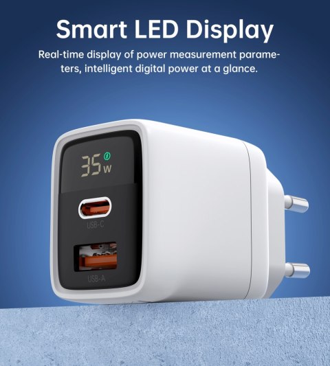 Mała mocna ładowarka sieciowa GaN USB-A USB-C PD 35W z wyświetlaczem biała