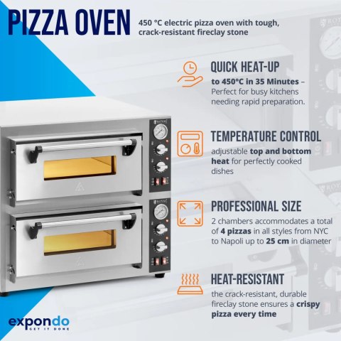 Piec do pizzy dwukomorowy z kamieniem szamotowym na 8 pizz śr. 25 cm 8400 W