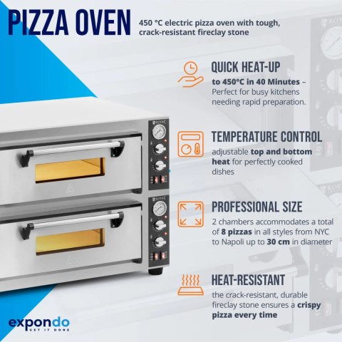 Piec do pizzy dwukomorowy z kamieniem szamotowym na 8 pizz śr. 30 cm 8400 W