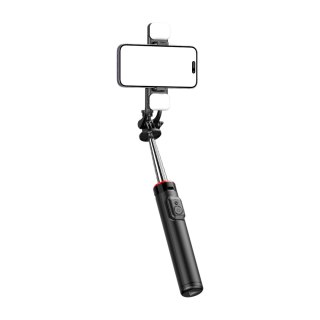 Selfie stick teleskopowy z pilotem + 2x lampka LED stojak tripod na telefon 1.3m - czarny