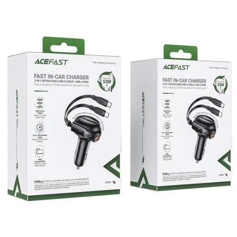 Ładowarka samochodowa B13 53W USB-A + 2 kable rozwijane USB-C - czarna