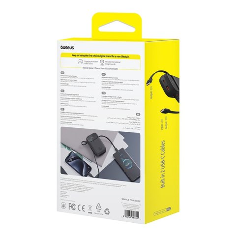 Power bank 10000mAh QPow 2 30W z wbudowanymi kablami USB-C - czarny