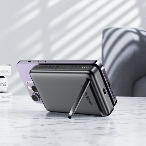 Powerbank 10000mAh indukcyjny magnetyczny z opcją podstawki PD 20W + kabel - czarny