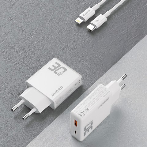 Ładowarka sieciowa GaN A30EUL 30W USB-A USB-C + kabel USB-C - Lightning - biała