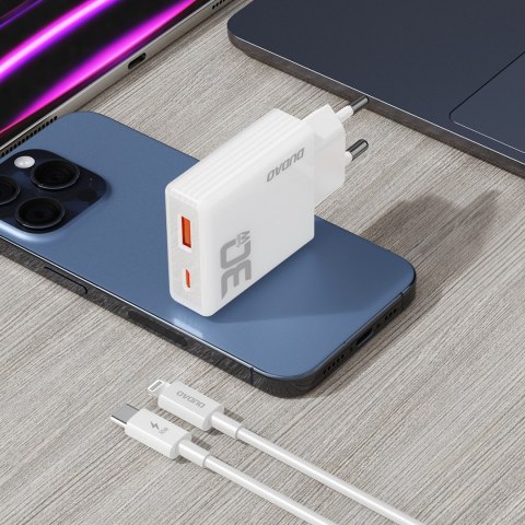Ładowarka sieciowa GaN A30EUL 30W USB-A USB-C + kabel USB-C - Lightning - biała