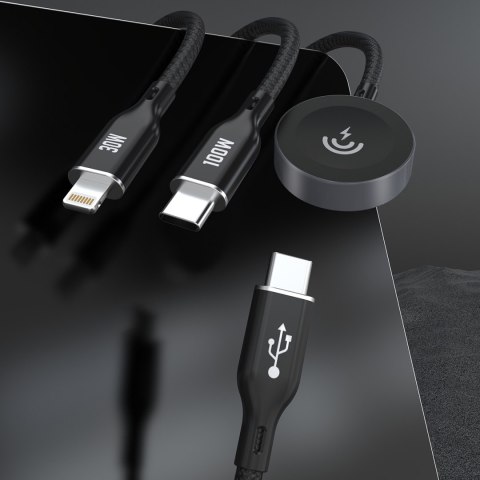 3w1 Kabel przewód USB-C - USB-C / iPhone Lightning / ładowarka do Apple Watch PD 100W 1.2m - czarny