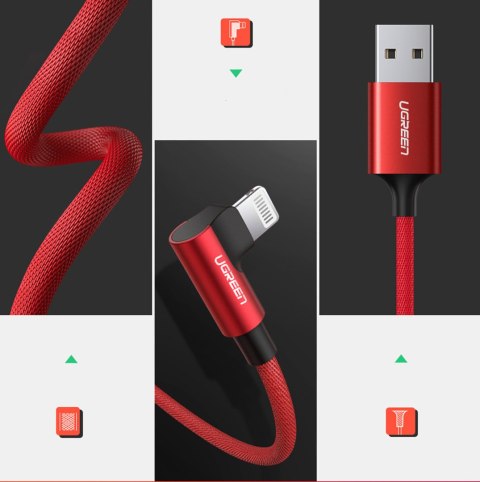 Kabel przewód kątowy iPhone Lightning - USB-A MFi 2.4A 1m - czerwony
