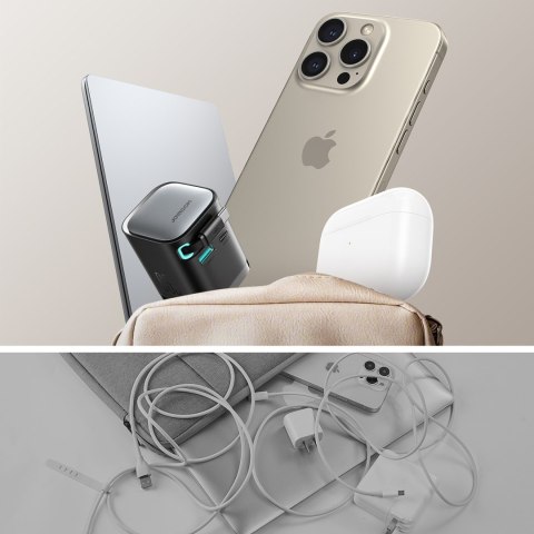 Ładowarka sieciowa GaN 65W USB-A USB-C z wbudowanym kablem USB-C - czarna