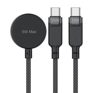 3w1 Kabel przewód USB-C - 2x USB-C / ładowarka Apple Watch Qi 480Mb/s 100W 1.2m - czarny