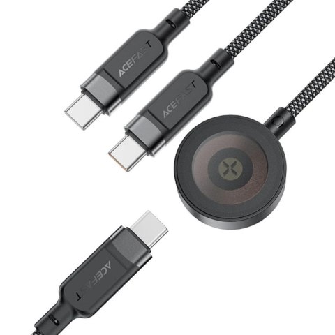 3w1 Kabel przewód USB-C - 2x USB-C / ładowarka Apple Watch Qi 480Mb/s 100W 1.2m - czarny