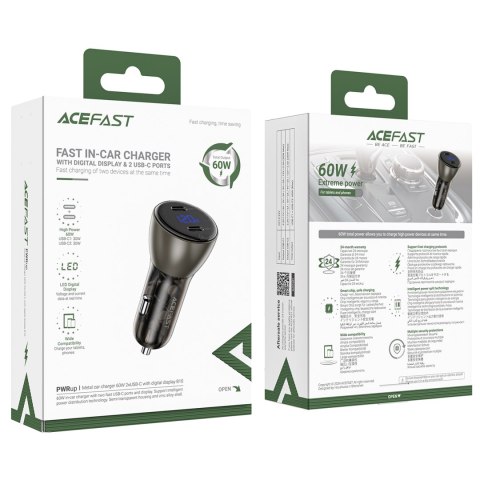 Ładowarka samochodowa 60W 2x USB-C z wyświetlaczem i metalową obudową - czarna