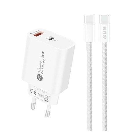 Ładowarka sieciowa 20W USB-A USB-C z kablem USB-C 1m - biała