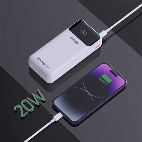 Powerbank 20000mAh z wbudowanymi kablami iPhone Lightning USB-C USB-A 22.5W PD - biały