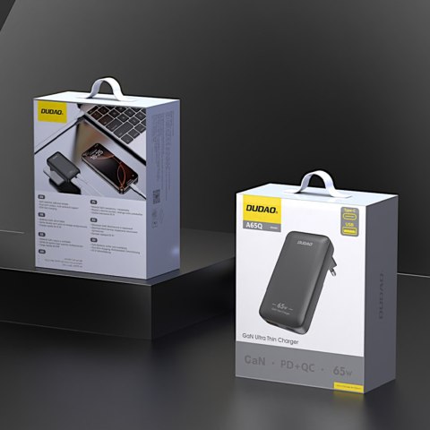 Ładowarka sieciowa podróżna ultracienka GaN 65W USB-A USB-C PD EU / US - czarna