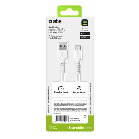 Kabel przewód USB-A - USB-C 1.5m - biały