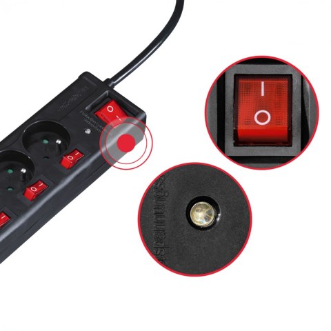 Listwa antyprzepięciowa z wyłącznikami 6 gniazd 1.4m - czarna