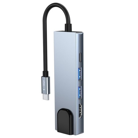 5w1 HUB rozdzielacz USB-C na USB-C USB-A HDMI RJ45 - szary
