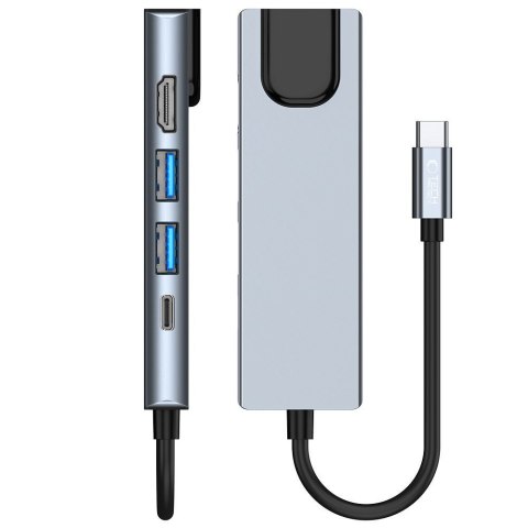 5w1 HUB rozdzielacz USB-C na USB-C USB-A HDMI RJ45 - szary