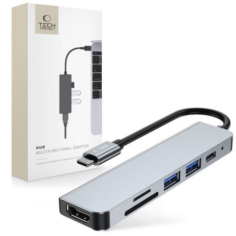6w1 HUB rozdzielacz USB-C na USB-A USB-C HDMI micro SD / TF / SD - szary