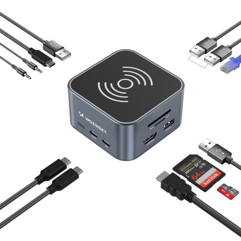 12w1 Hub z ładowarką bezprzewodową USB-A USB-C HDMI RJ45 SD TF mini jack - szary