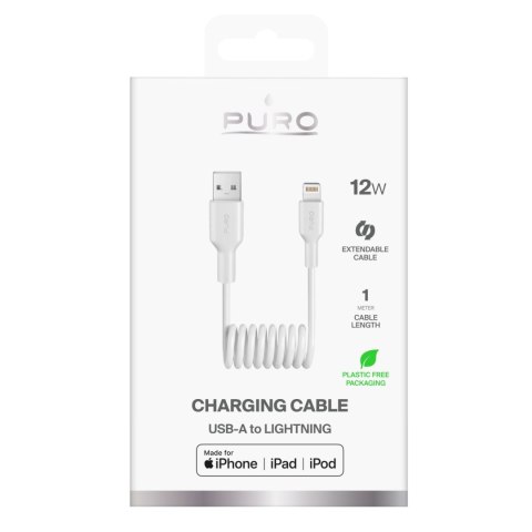 Kabel przewód spiralny USB-A - iPhone Lightning 12W 1m - biały
