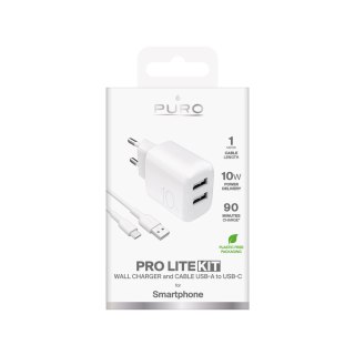 Ładowarka sieciowa 2x USB-A PROLITE 10W z kablem USB-A - USB-C 1.2m - biała