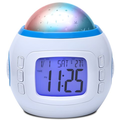 7w1 Zegar budzik z projektorem gwiazd nieba lampką nocną termometrem 10 melodii