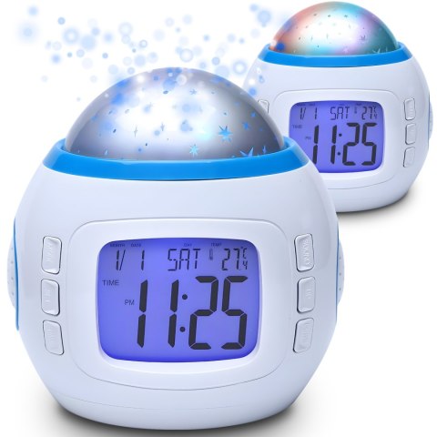 7w1 Zegar budzik z projektorem gwiazd nieba lampką nocną termometrem 10 melodii