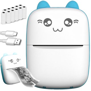 Drukarka termiczna dla dzieci do zdjęć notatek Mini Kot 11 rolek - niebieska