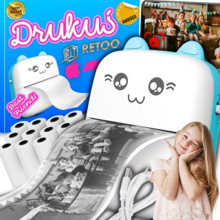 Drukarka termiczna dla dzieci do zdjęć notatek Mini Kot 11 rolek - niebieska