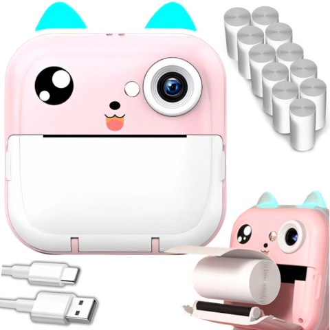 Drukarka termiczna dla dzieci z aparatem fotograficznym głośnikiem 5 gier Mini Kot 11 rolek - różowa
