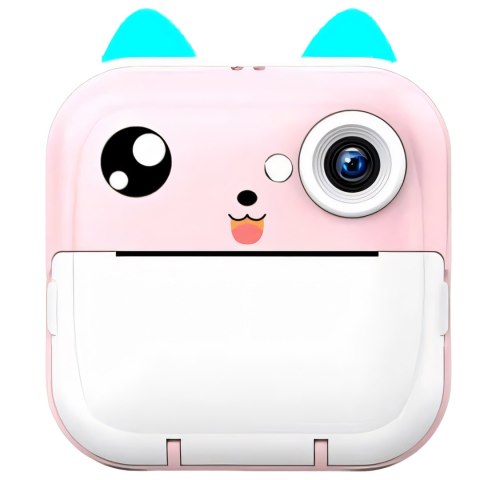 Drukarka termiczna dla dzieci z aparatem fotograficznym głośnikiem 5 gier Mini Kot 11 rolek - różowa
