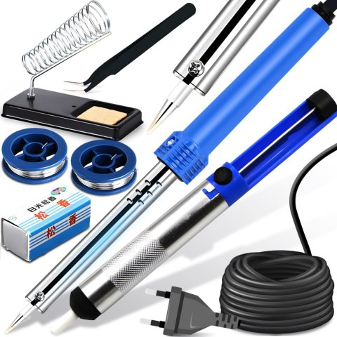 Lutownica kolbowa z podstawką uchwytem pęsetą kalafonią 60 W - zestaw 7 el.