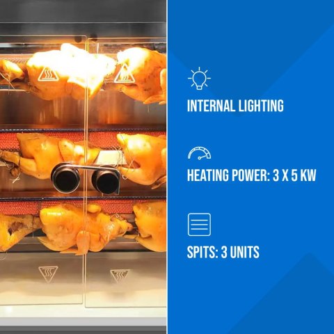 Rożen gazowy opiekacz do 15 kurczaków 3 szpikulce propan-butan 15 kW