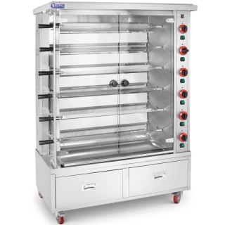 Rożen gazowy opiekacz do 30 kurczaków 6 szpikulców 2 szuflady na kółkach 40 kW