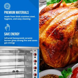 Rożen gazowy opiekacz do 30 kurczaków 6 szpikulców 2 szuflady na kółkach 40 kW