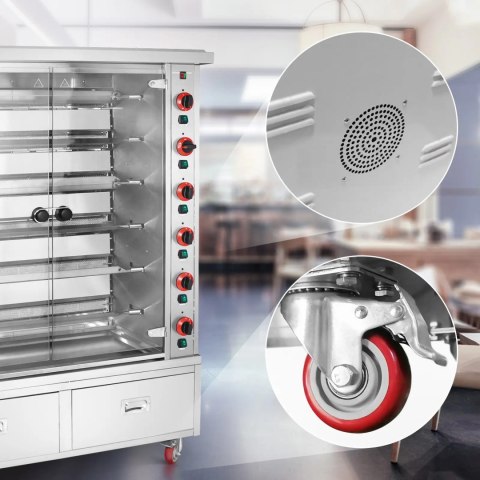 Rożen gazowy opiekacz do 30 kurczaków 6 szpikulców 2 szuflady na kółkach 40 kW