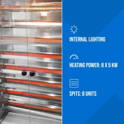 Rożen gazowy opiekacz do 40 kurczaków 8 szpikulców propan-butan 40 kW
