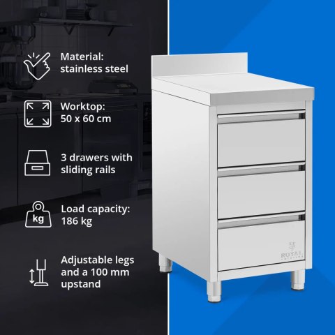 Szafka gastronomiczna przyścienna z rantem 3 szuflady STAL 50 x 60 cm