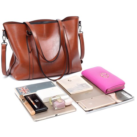 Torebka damska miejska pojemna z eko skóry na ramię - brązowa