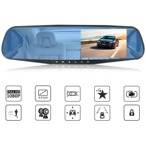 Wideorejestrator kamera samochodowa z detekcją ruchu LUSTERKO Full HD TF 12 V