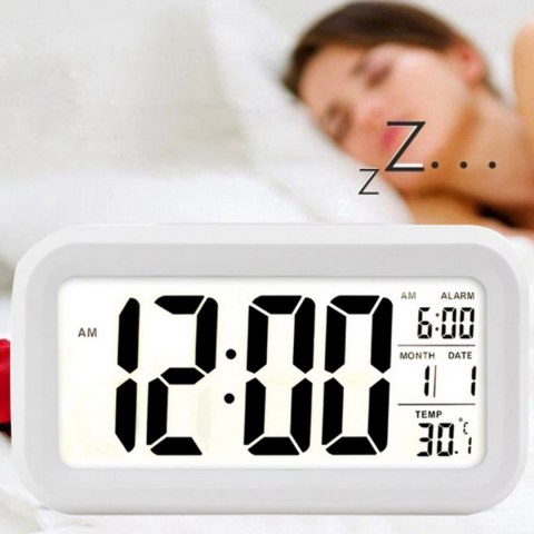 Zegar budzik z termometrem datą na baterie podświetlany