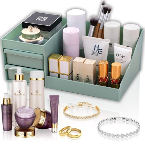 Organizer łazienkowy na kosmetyki biżuterię 2 szuflady 7 przegród - zielony