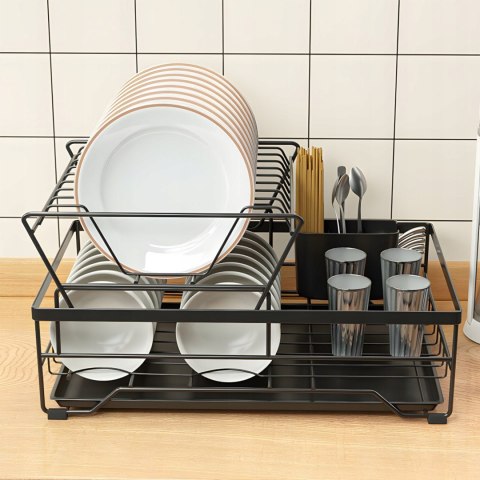 Suszarka do naczyń ociekacz dwupoziomowy z pojemnikiem na sztućce tacką - czarny