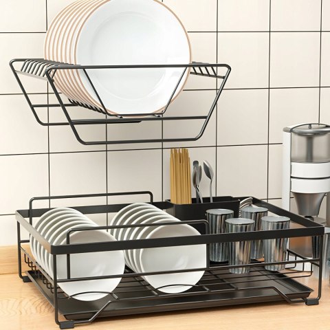 Suszarka do naczyń ociekacz dwupoziomowy z pojemnikiem na sztućce tacką - czarny
